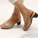 Khaki peep-toe slingback sandals with cork block heel and buckle ankle strap, angled side view on neutral background.