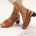 Terracotta peep-toe slingback sandals with cork block heel and ankle strap, angled side view on model.