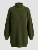 Olive green chunky knit midi dress with turtleneck, front view.