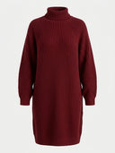 Red chunky knit midi dress with turtleneck and raglan sleeves, front view.