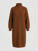 Brown chunky knit midi dress with turtleneck and raglan sleeves, front view.