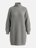 Gray chunky knit turtleneck midi dress with raglan sleeves, front view.