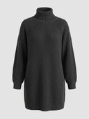 Dark gray chunky knit midi dress with turtleneck, front view.