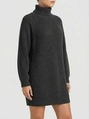 Dark gray chunky knit turtleneck midi dress, angled front view on a white background.