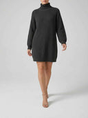 Dark gray chunky knit turtleneck midi dress, front view on a white background.