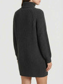Dark gray chunky knit midi dress with turtleneck, back view.