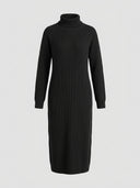 Black ribbed turtleneck midi dress with long sleeves, front view on a light gray background.