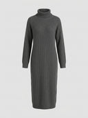 Dark gray ribbed knit midi dress with turtleneck and long sleeves, front view.