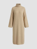 Beige ribbed turtleneck midi dress with long sleeves, front view on a light gray background.