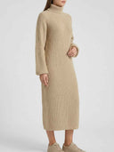 Tan ribbed turtleneck long sleeve midi dress, side view, on a white background.