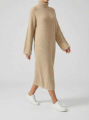 Tan ribbed turtleneck midi dress with long sleeves, angled side view on a white background.