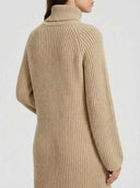 Tan ribbed turtleneck midi dress, back angled view.