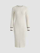 Cream ribbed mini dress with long sleeves and brown cuff stripes, front view on white background.