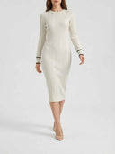 Cream ribbed knit midi dress with brown cuff detail, front view.