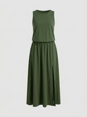 Olive green sleeveless maxi dress with elastic waist and side slit, front view on white background.