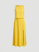 Yellow sleeveless maxi dress with elastic waist and side slit, front view on white background.