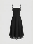 Black square neck A-line mini dress with spaghetti straps, front view on a white background.
