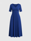 Royal blue midi dress with V-neck, short sleeves, and ruched waist, front view on a white background.