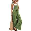 Olive green flared jumpsuit with pockets, front view on white background.