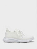 Supportive women's white knit lace-up trainer with cushioned midsole, angled side view on white background.