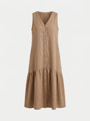Tan sleeveless V-neck mini dress with front buttons and ruffled hem, front view on white background.