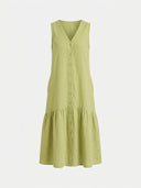 Light green sleeveless V-neck dress with button front and tiered skirt, front view.