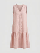 Pink sleeveless V-neck mini dress with front buttons and ruffled hem, front view.