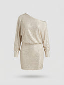 Gold sequin mini dress with one-shoulder neckline and long sleeves, front view on a gray background.
