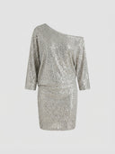Silver sequin mini dress with one-shoulder neckline and 3/4 sleeves, front view on a white background.