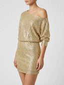 Gold sequin one-shoulder mini dress, side view on a white background.