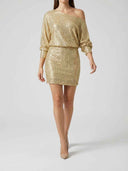 Gold sequin off-the-shoulder mini dress with long sleeves, front view on white background.