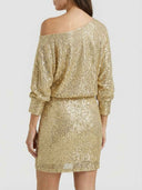 Gold sequin mini dress with off-the-shoulder neckline and elastic waist, back view.