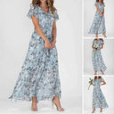 Light blue maxi dress with white and gray botanical print, V-neck, and flutter sleeves, front view.