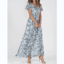 Light blue botanical print maxi dress with flutter sleeves, front view.