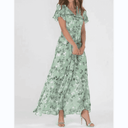Light green botanical print maxi dress with flutter sleeves, front view on white background.
