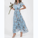 Light blue botanical print maxi dress with short sleeves, front angled view.