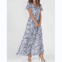 Periwinkle maxi dress with white and gray floral print, front view.