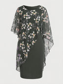 Dark green mini dress with floral chiffon overlay, front view on white background.