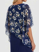 Navy blue floral chiffon overlay mini dress, back angled view.