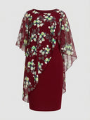 Maroon mini dress with floral chiffon overlay, front view on white background.