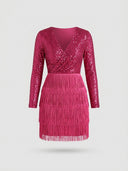 Fuchsia sequin mini dress with long sleeves and tiered fringe skirt, front view.