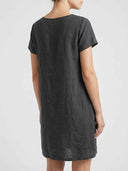 Charcoal linen mini dress with short sleeves, shown from the back on a white background.