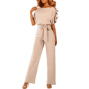 Beige wide-leg jumpsuit with short sleeves and waist tie, front view on white background.
