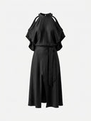 Black mini dress with halter neck, shoulder cut-outs, ruffled sleeves, and a side slit, front view.