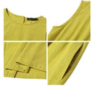 Yellow-green cotton-linen jumpsuit detail shots: relaxed crew neckline, shoulder, sleeve, and side pocket on white background.
