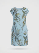Light blue mini dress with green and brown botanical print, crew neck, and short sleeves, front view.