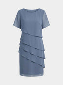 Blue mini dress with short sleeves and tiered ruffles, front view on a white background.