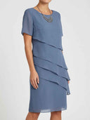 Blue mini dress with short sleeves and tiered ruffles, angled view on white background.