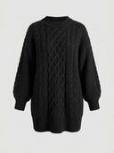 Black cable knit mini dress with balloon sleeves and ribbed trim, front view.