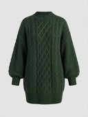 Dark green cable knit mini dress with balloon sleeves, front view.